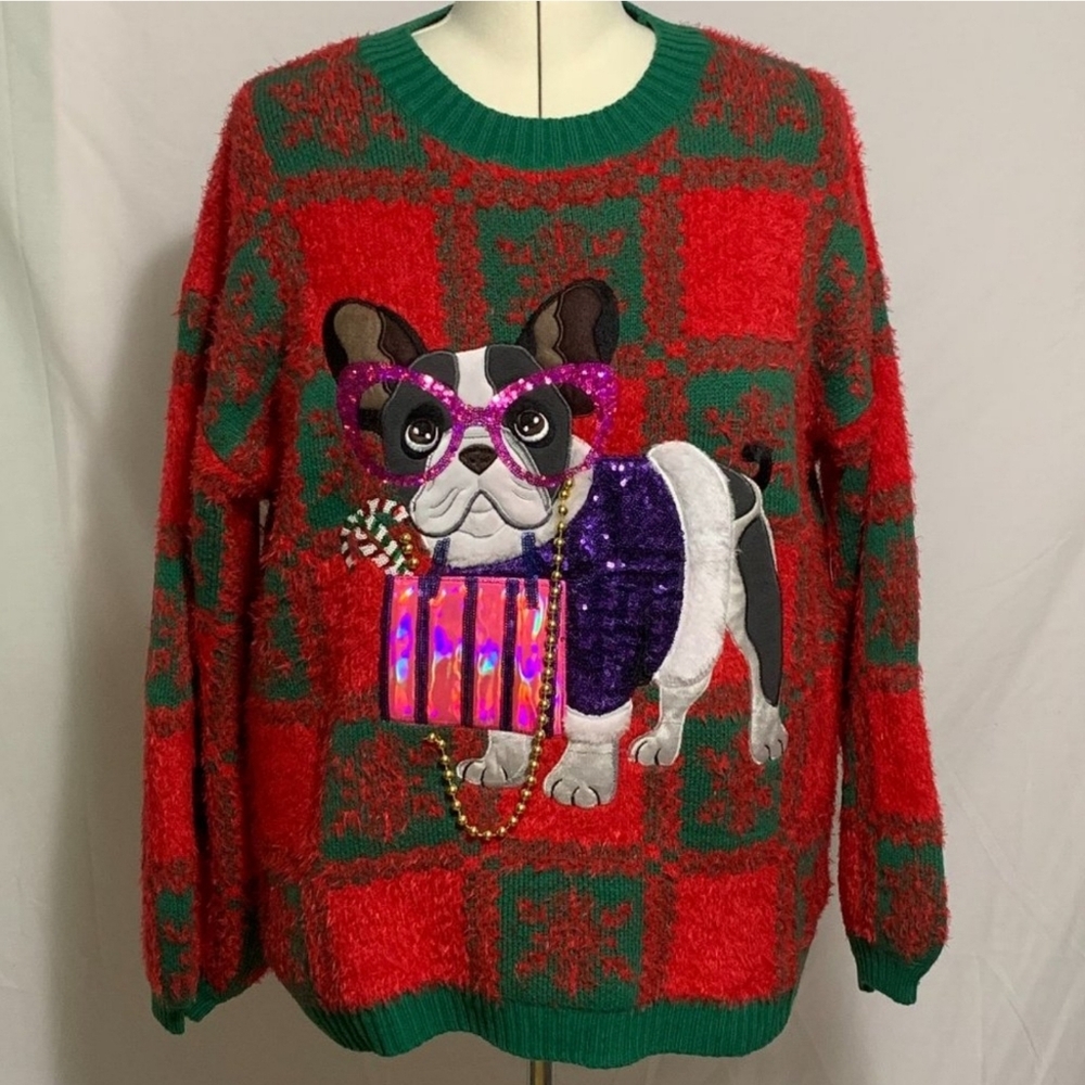 Ugly Christmas Sweater French Bulldog Dog Puppy Sequins Plaid Red Womens Plus 1X